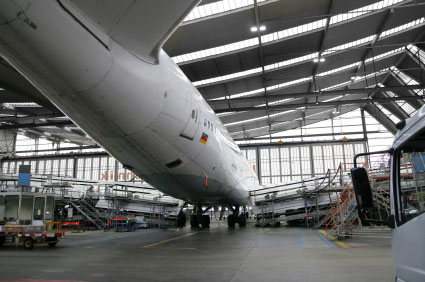 airplane in aerospace hangar